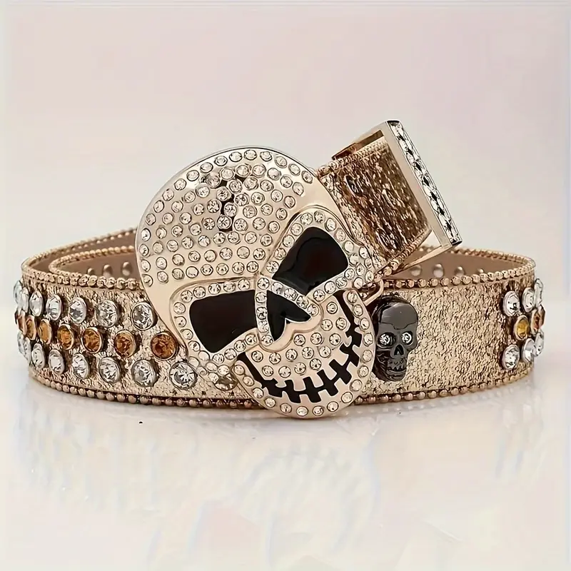 Ceinture de style punk avec crâne incrusté de strass et boucle en alliage