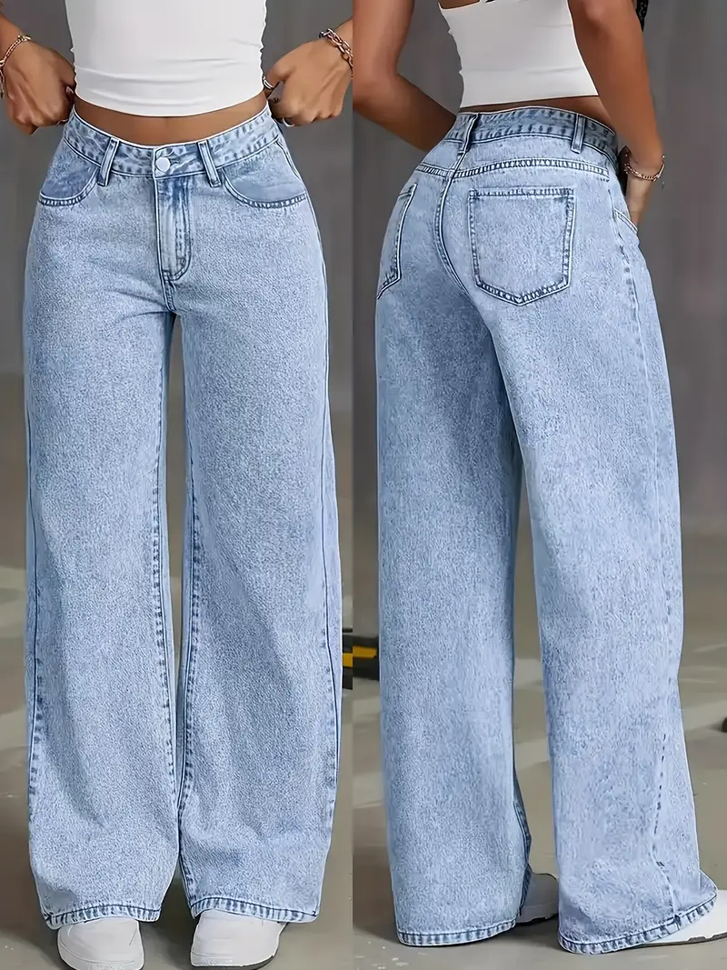Jeans Femme Taille Droite Élastique, Coupe Large et Confortable