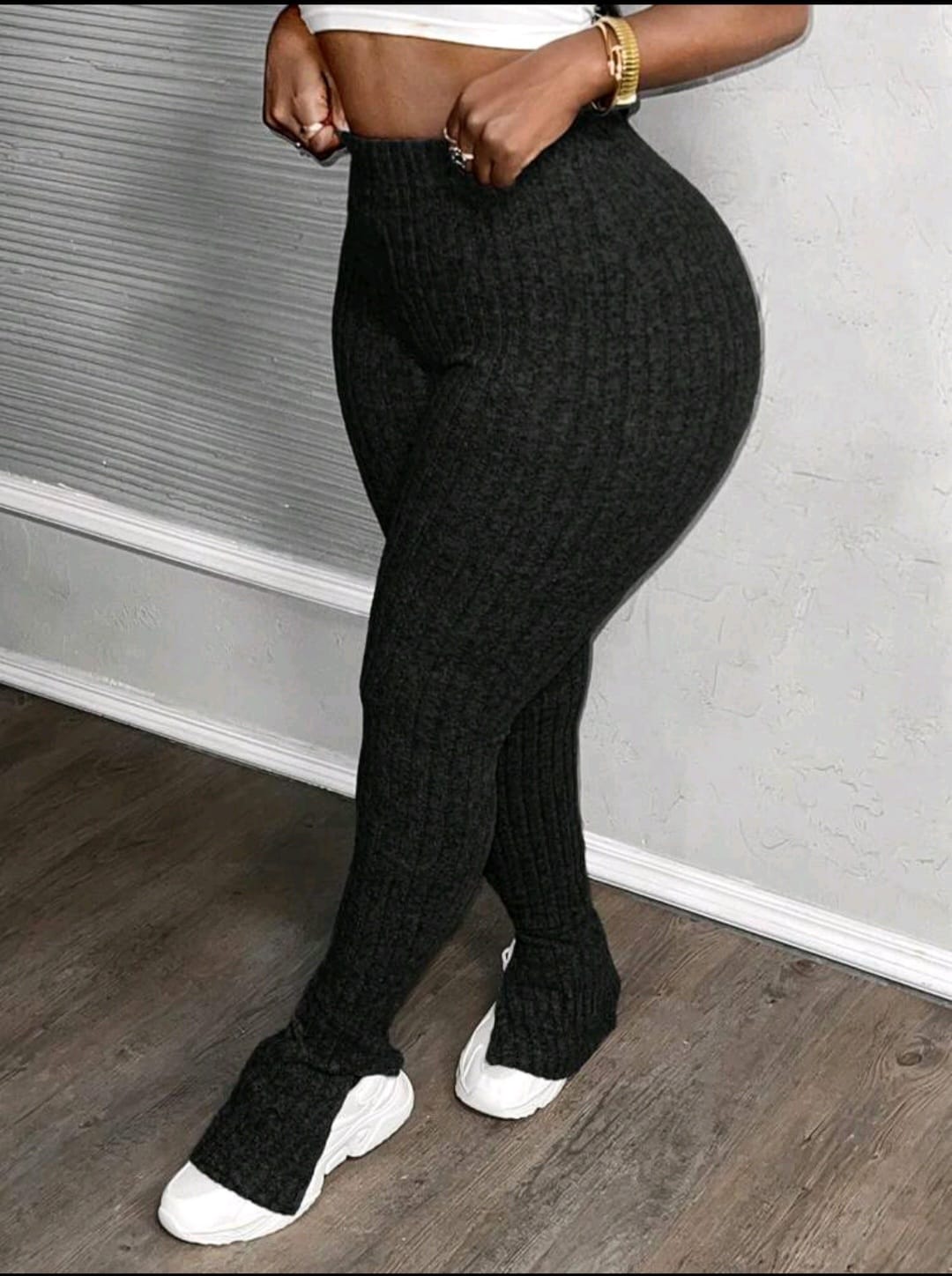 Slaydiva Pantalon confortable de maison avec taille élastique, ourlet côtelé en polaire, fente sur le côté évasé, bleu marine - Image 3