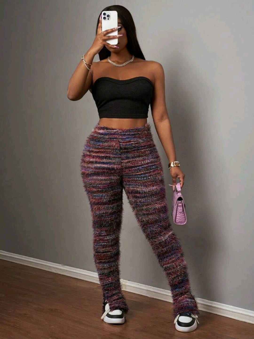 Slaydiva Pantalon confortable de maison avec taille élastique, ourlet côtelé en polaire, fente sur le côté évasé, bleu marine