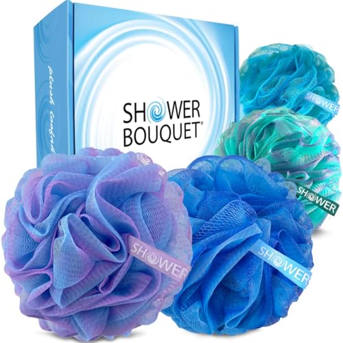 Douche Luffa Éponge, Grand Bain Luffa Exfoliant Corps Nettoyant, 75g / PCS, Pack de 4, Couleur de fleur Jaune / Gris / Bleu / Rose
