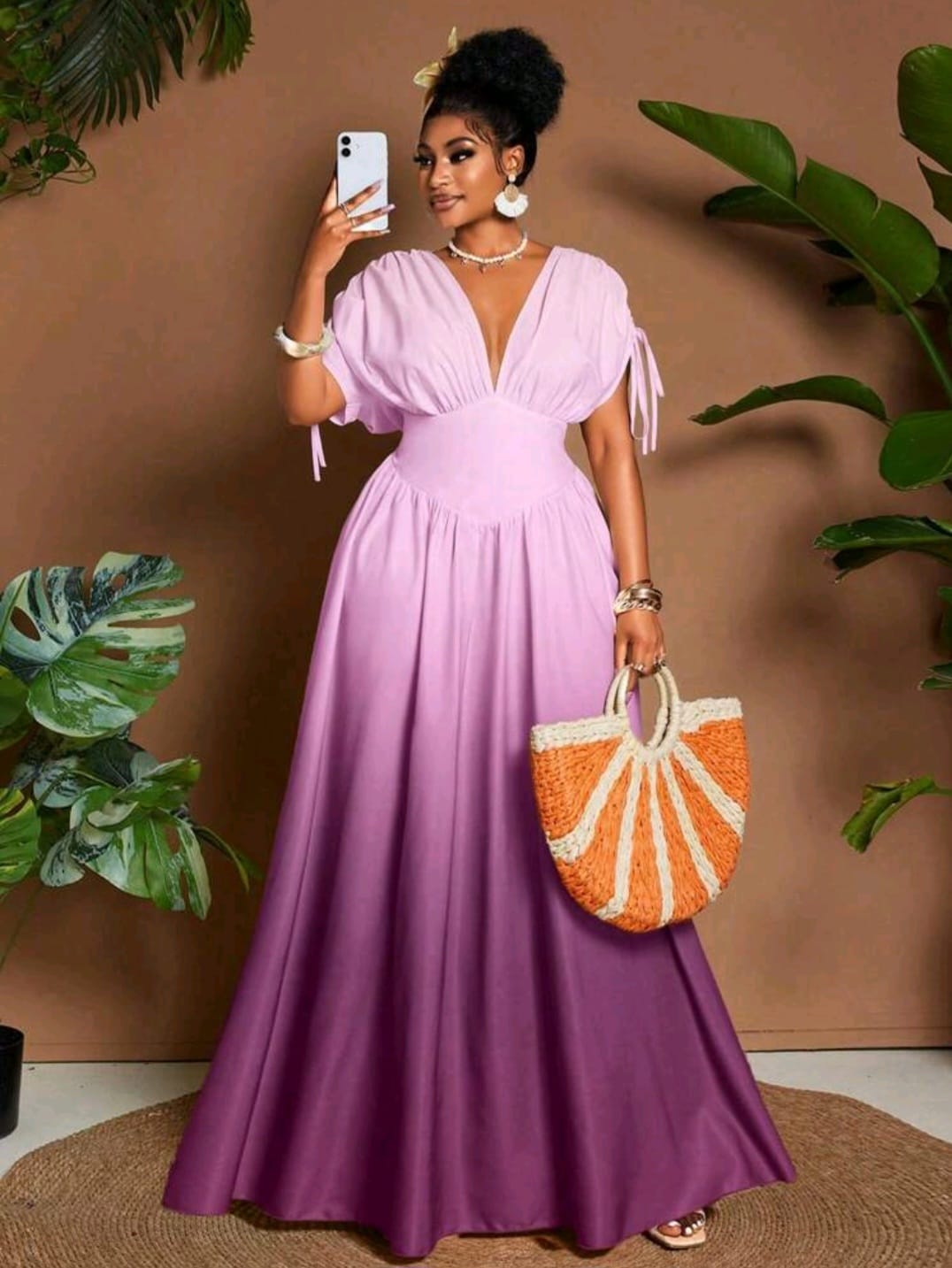 Maweii Robe longue à manches longues polyvalente pour femmes grande taille, col en V, imprimé dégradé, nœud papillon, style trapèze, adaptée pour la plage ou les festivals de musique, printemps/été